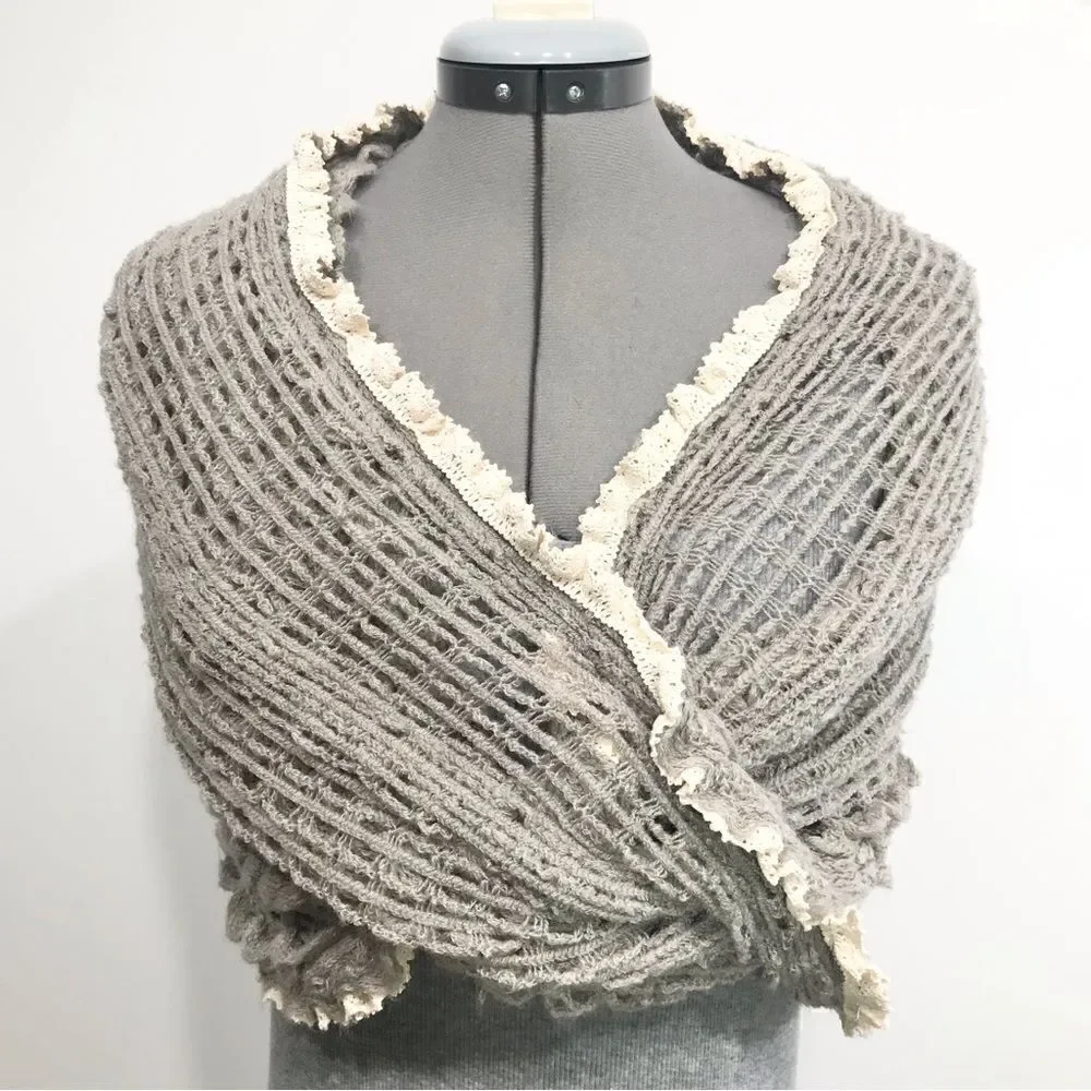 Vanity Gray Open Knit Infinity Scarf with cream lace trim- New With Tags